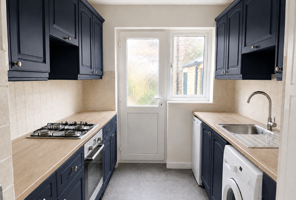 Warm stone painted kitchen cupboards after refurbishment in Dunstable