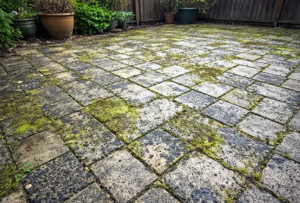 Before block paving patio cleaning results in Milton Keynes