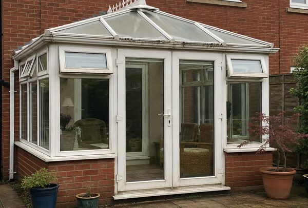 Conservatory in Bedford before painting, with older frames that look tired