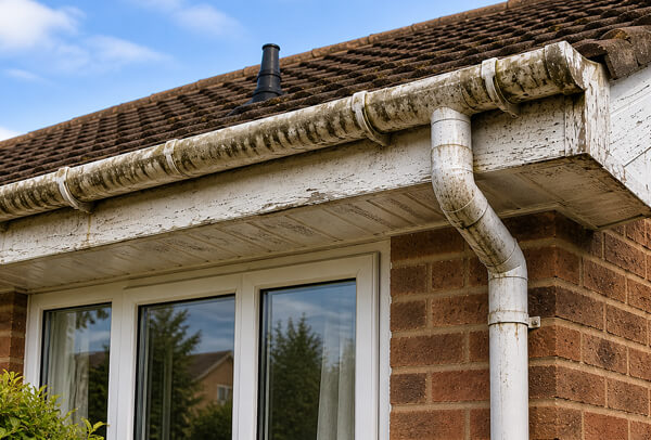 Roofline in Bedford before painting, with tired fascias, soffits and guttering