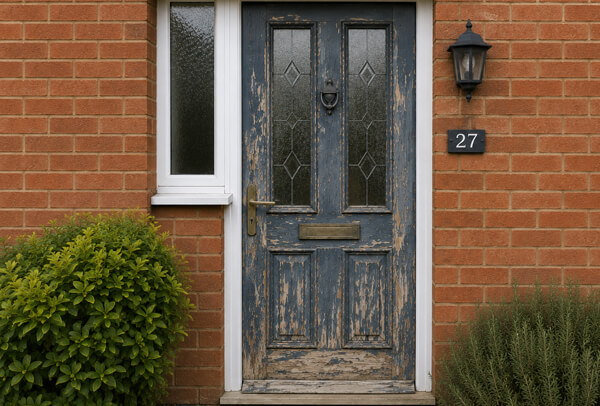Front door in Bedford before painting, with a faded and dated finish