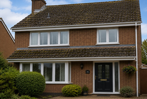Bedford roof before cleaning with moss, dull tiles and weather staining across the front elevation