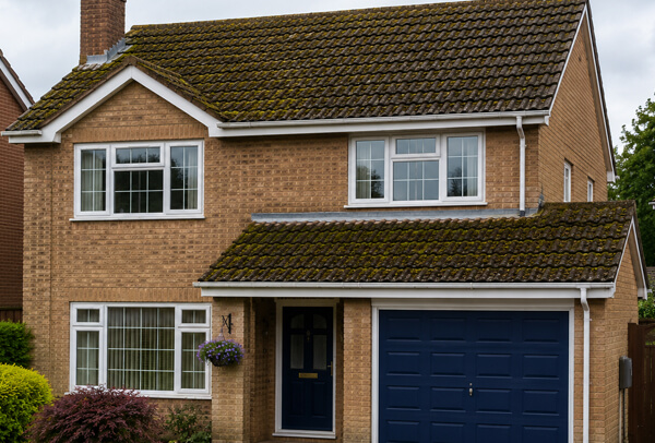 Bedford home before roof cleaning with moss and staining affecting the exterior appearance