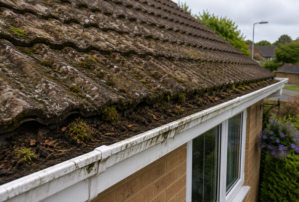 Bedford roof before cleaning with moss near the gutter edge and loose debris around the roofline