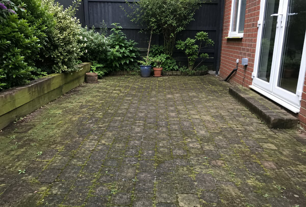 Green block paving patio in Bedford before cleaning