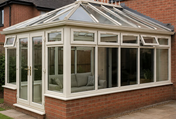 Conservatory in Bedford before a colour change with older pale frames