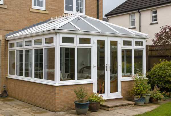 Conservatory frames before painting with a dated finish