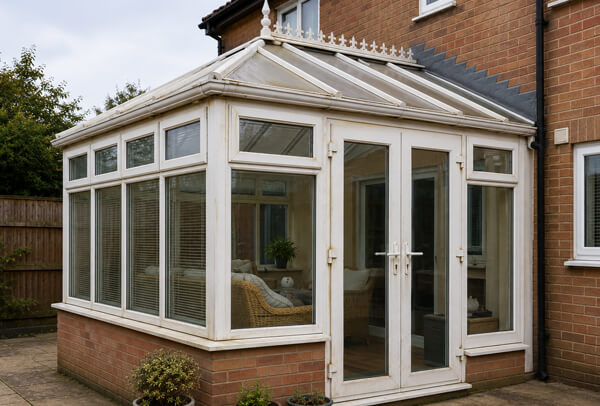 Conservatory in Bedford before repainting with tired older uPVC frames