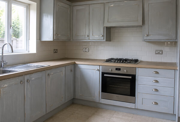 Kitchen cupboard doors in Northampton before professional painting, showing a tired uneven finish