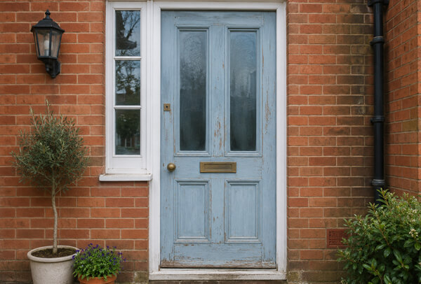 External door before painting, showing a faded surface ready for a new finish