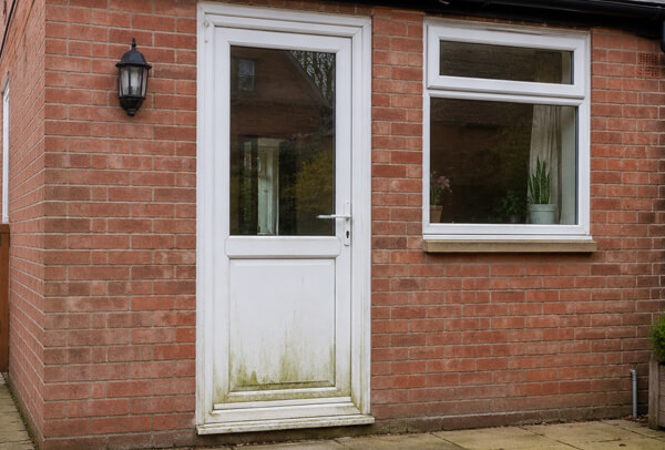Front door before preparation, ready to be cleaned, masked and refinished