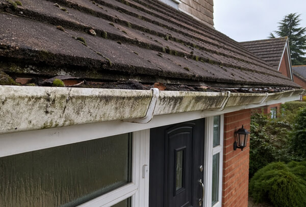 Gutters in Northampton before cleaning, with moss and debris causing blockage