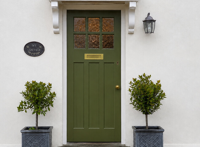 Front door after preparation and painting with tidy edges around the details