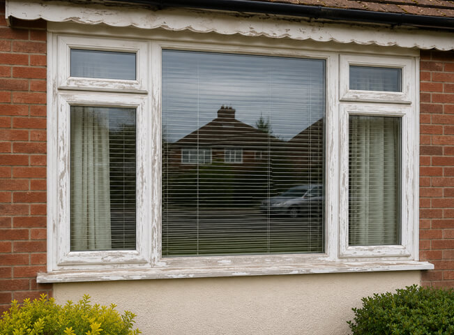 Hemel Hempstead window frames before painting, with faded and uneven colour