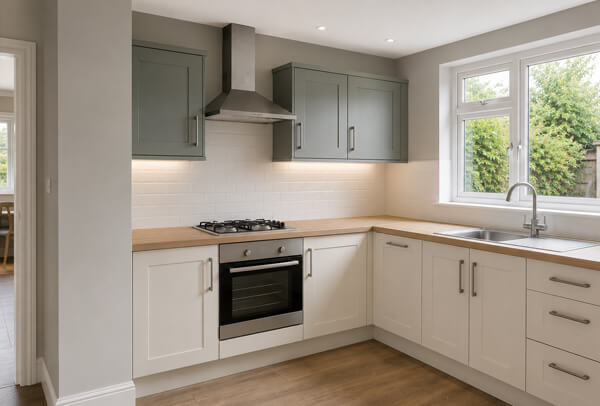 Kitchen in Hemel Hempstead after cupboard painting with freshly decorated walls