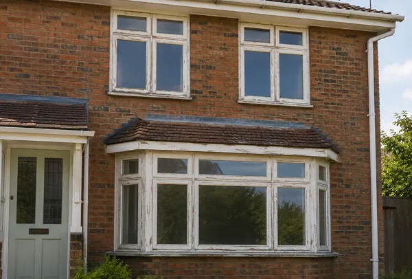 Window frames in High Wycombe before painting with a faded older finish