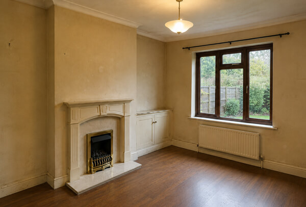 Interior room in Bedford before decorating with tired walls and older woodwork