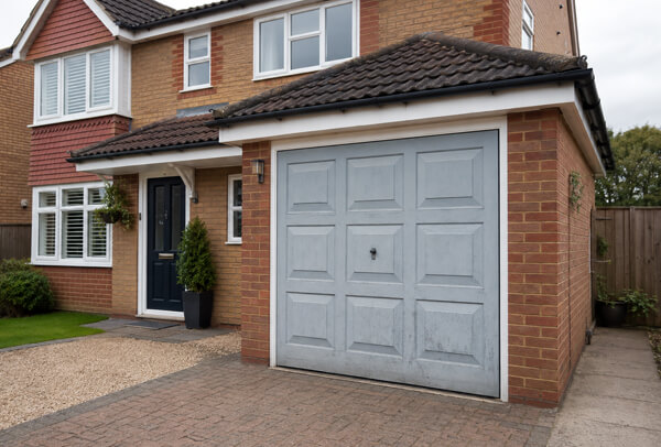 Garage door before painting, showing a tired but usable surface