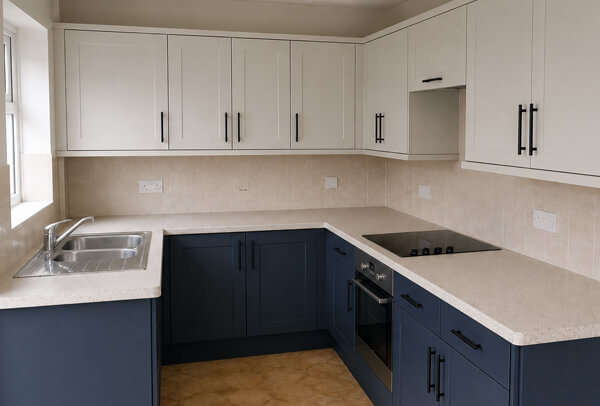 Kitchen cabinets in Bedford after a new colour choice with a calm balanced painted finish