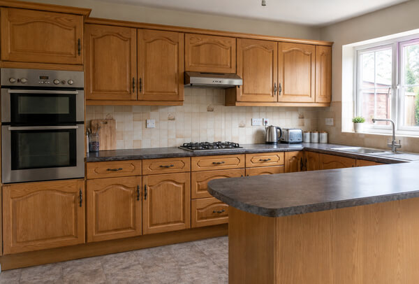 Kitchen cabinets before painting with a tired older finish