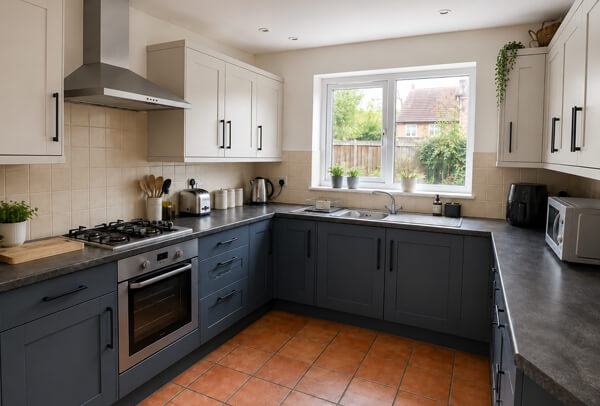 Kitchen cabinets in Bedford after preparation and painting with a neater smoother cabinet finish