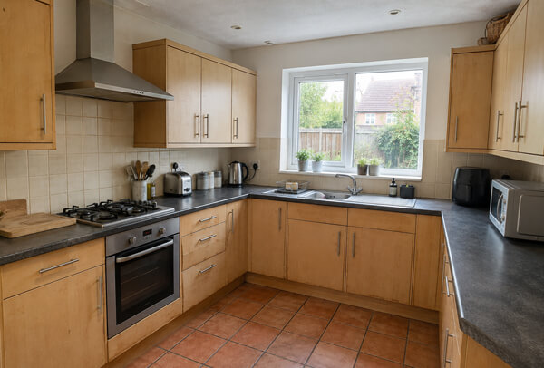 Kitchen cabinets in Bedford before preparation with worn edges, fingerprints and dull cupboard fronts