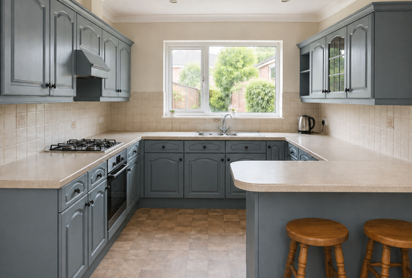 Kitchen cabinets in Luton after preparation and painting with a smoother cleaner cabinet finish