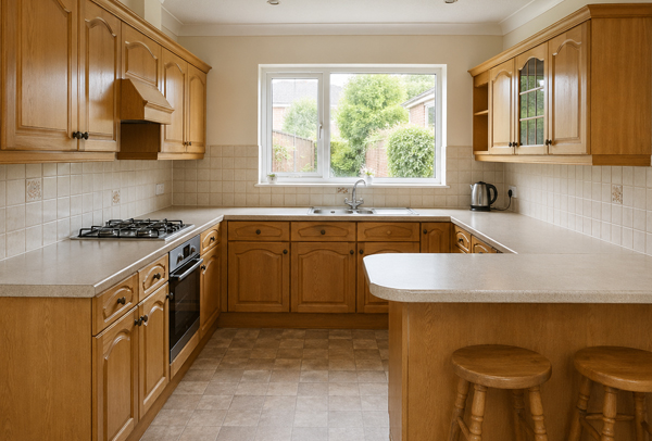 Kitchen cabinets in Luton before preparation with grease marks, worn edges and tired cabinet fronts