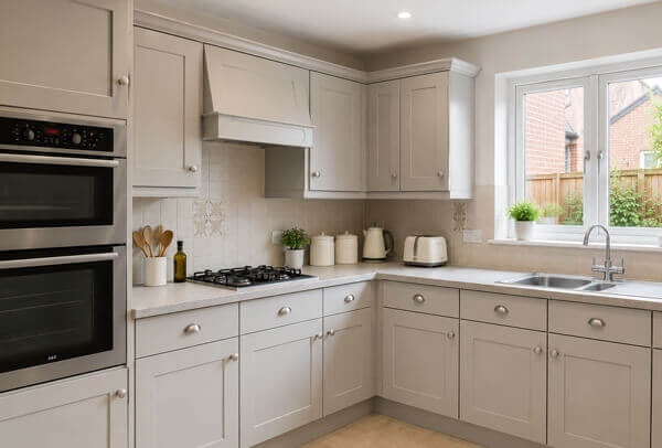 Kitchen cabinets in Bedford after painting with freshly finished cupboard doors and a brighter look