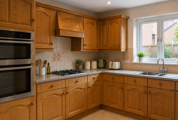 Kitchen cabinets in Bedford before painting with dated cupboard doors and a tired cabinet finish