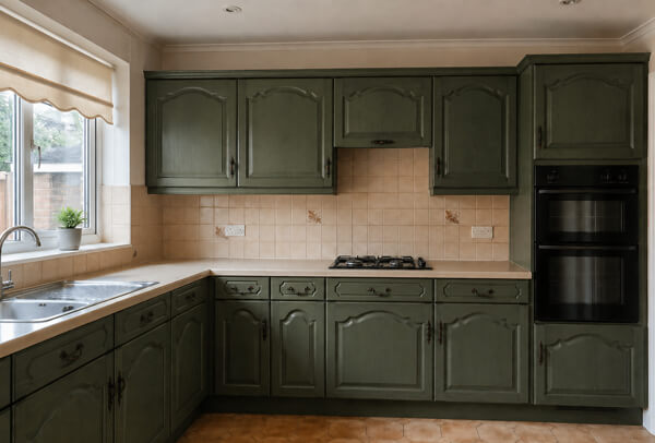 Kitchen cabinets in Luton after refinishing with freshly painted doors and a cleaner cabinet finish