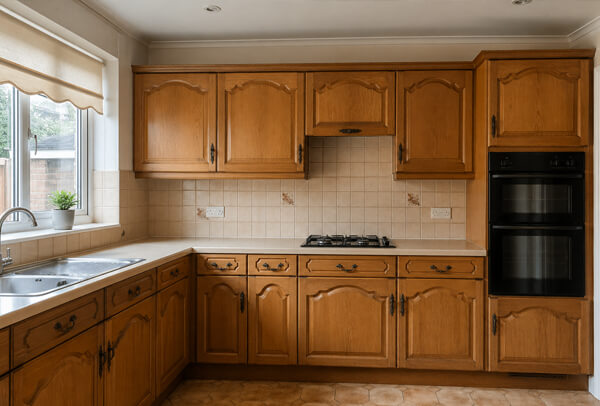 Kitchen cabinets in Luton before refinishing with tired doors, drawer fronts and dated cabinet colour