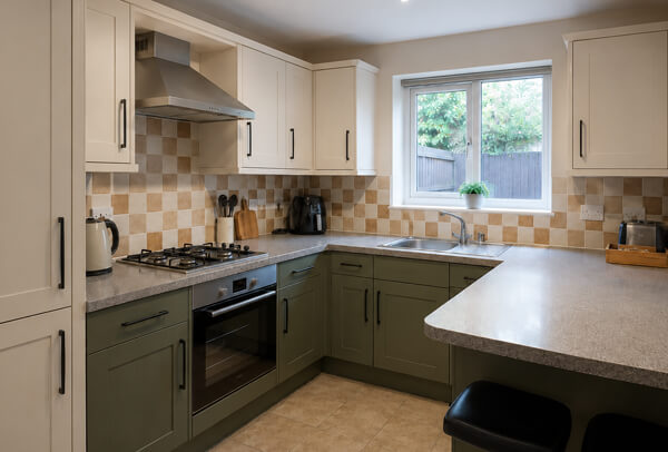 Kitchen cabinet painting quote in Bedford after work showing newly painted kitchen cupboards
