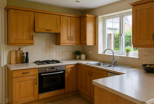 Kitchen cabinet refinishing quote in Luton before work showing cabinets ready for repainting