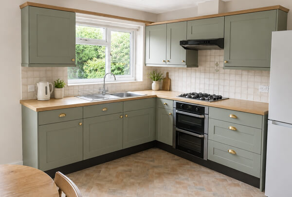 Kitchen in Bedford after cupboard painting and decorating with a brighter coordinated finish