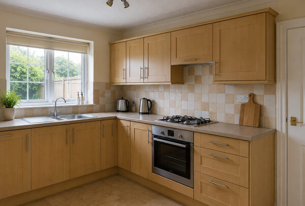 Kitchen in Oxford before cupboard painting and decorating with tired walls and units