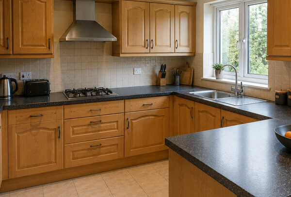 Kitchen cupboards before painting in an older style