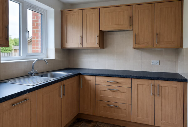 Kitchen cupboards in Northampton before a colour change, with an older darker finish
