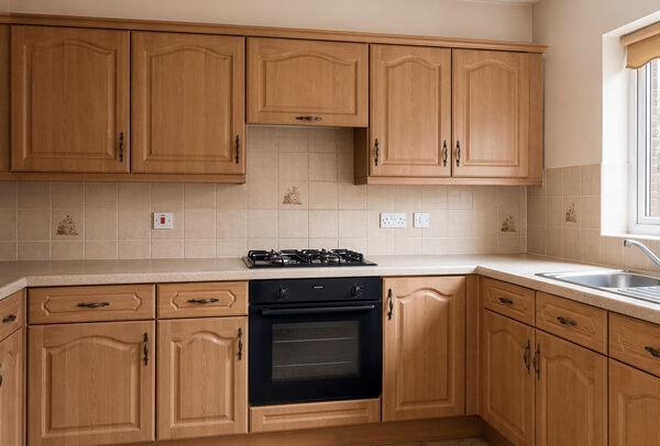 Kitchen units in Northampton before painting, with a dull and dated appearance