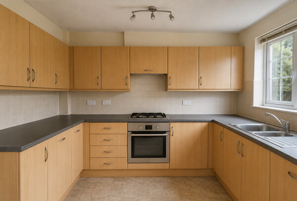 Kitchen cupboards in Northampton before a painting quote, showing the existing doors and layout
