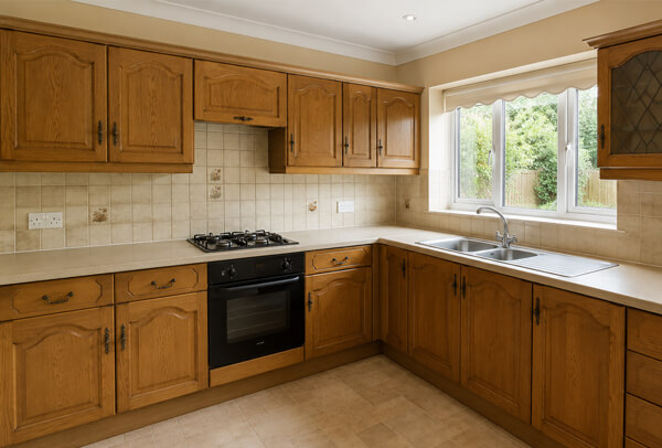Kitchen cupboard doors in Northampton before professional respraying and preparation