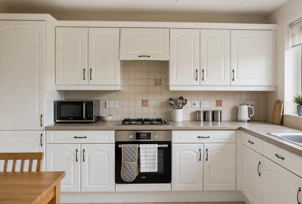 Kitchen cupboards in Northampton before painting, with a tired outdated finish