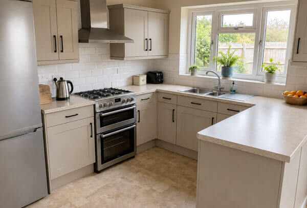 Kitchen cupboard doors and drawer fronts in Bedford after painting with a smart updated finish