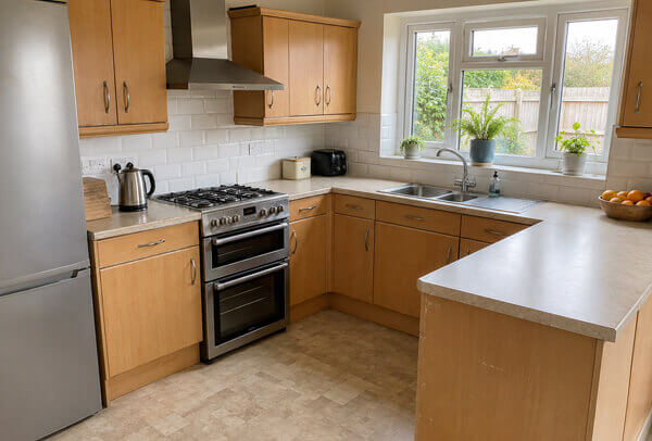Kitchen cupboard doors and drawer fronts in Bedford before painting with worn older surfaces