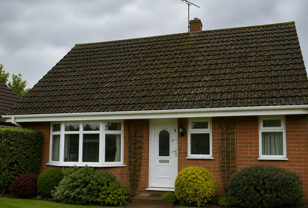 Luton roof before cleaning with dark patches, moss and weather staining