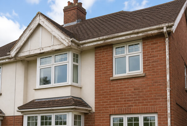 Roofline in Luton before painting, with tired fascias, soffits and guttering