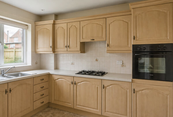 Kitchen cupboards in Luton before painting, with a dated and worn appearance