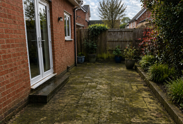 Patio in Luton before cleaning, with algae, grime and dark marks on the paving