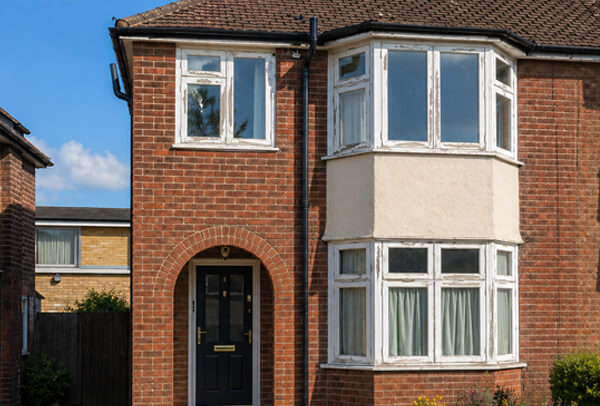 Exterior window frames in Luton before painting, showing faded and weathered surfaces