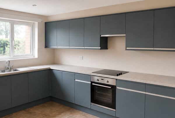 Paintable kitchen cupboards in Northampton after being refinished in a fresh modern colour
